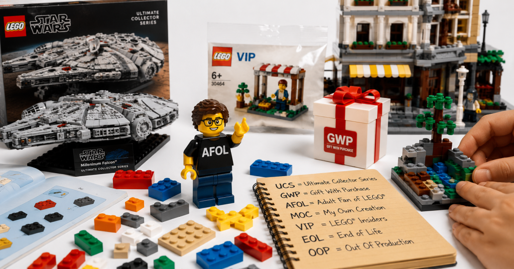 Piezas, minifiguras y diferentes elementos del universo LEGO que representan los principales términos utilizados por la comunidad.